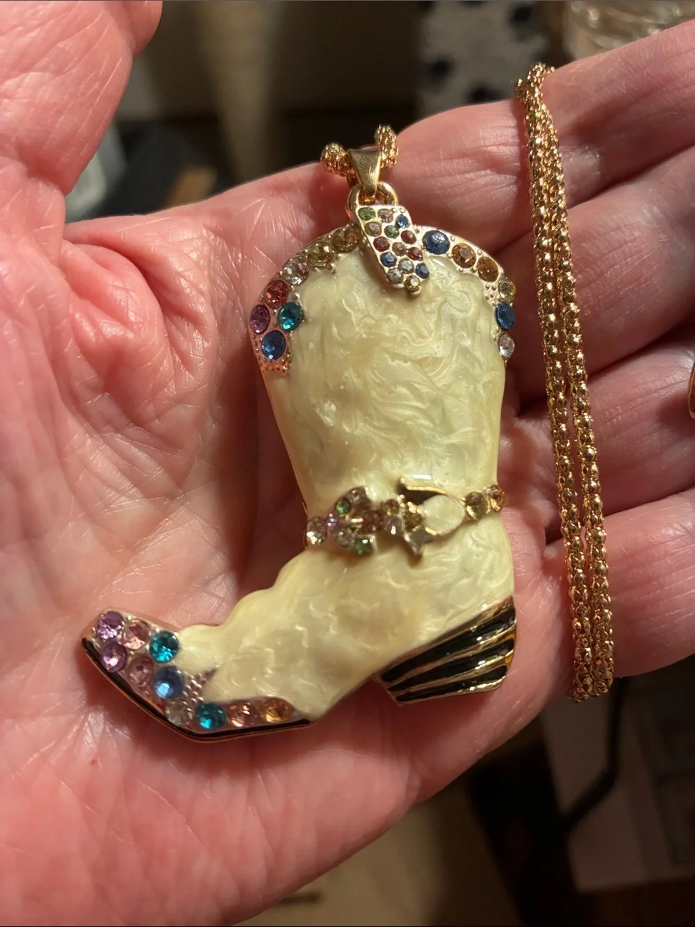 Enamel Yellow Cowboy Boot Pendant Necklace with Multicolor Stones